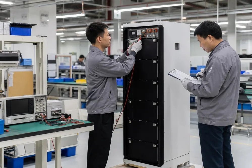 Technicians inspecting and recording checks on an energy storage cabinet